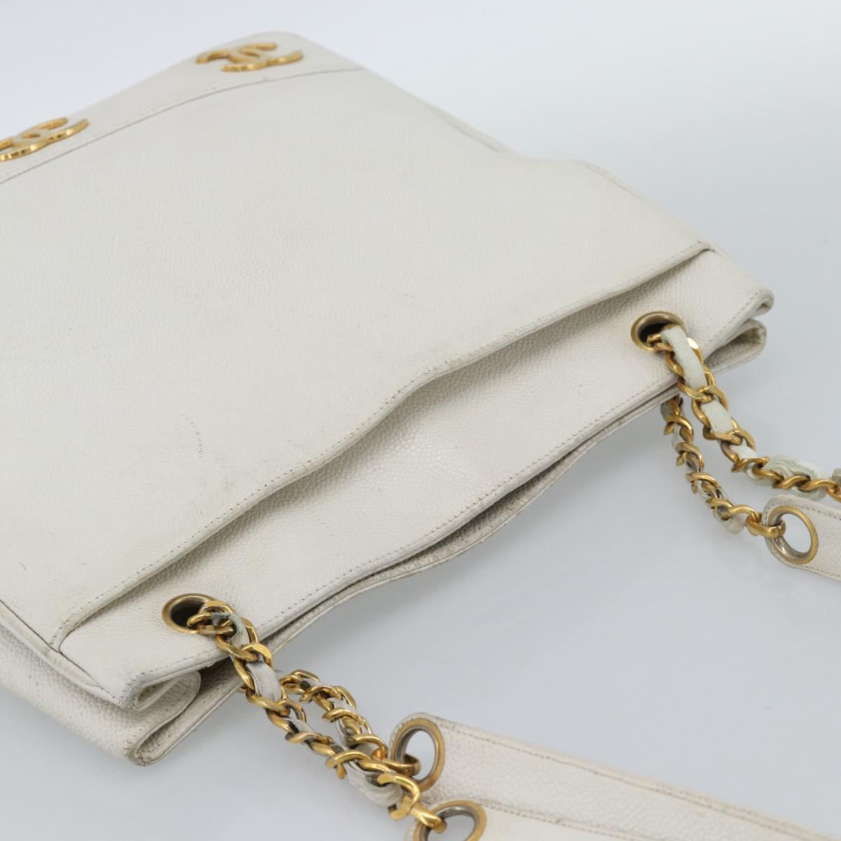 CHANEL Chain Shoulder Bag Calf Skin White Gold CC Auth bs17674
