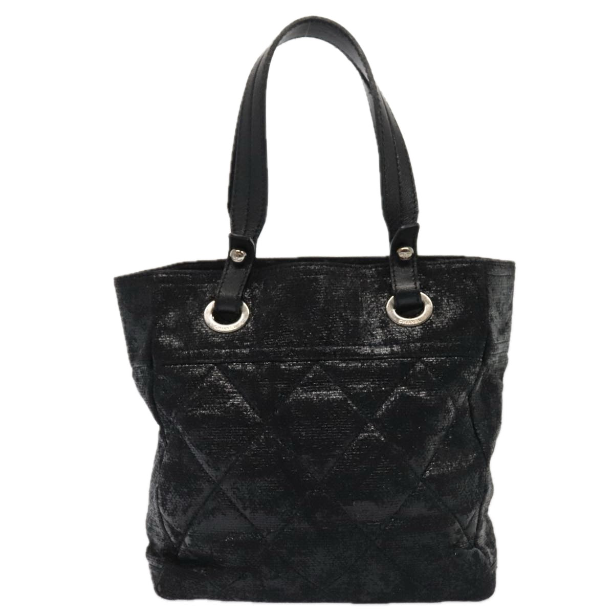 CHANEL Paris Biarritz MM Tote Bag Coated Canvas Black Silver CC Auth bs17785