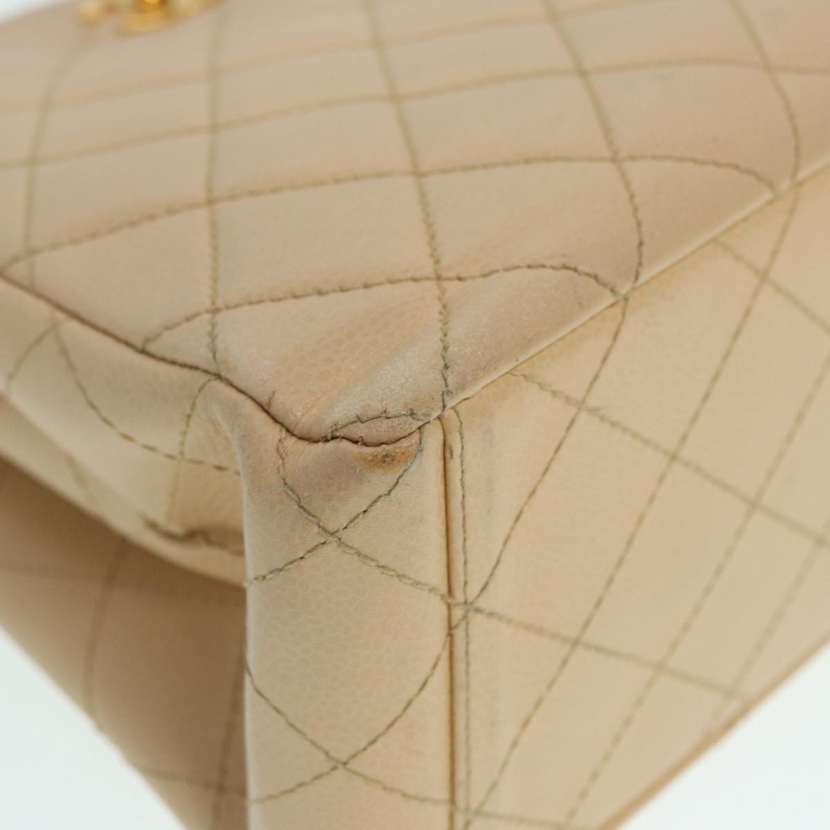 CHANEL Shoulder Bag Calf Skin Beige Gold CC Auth bs17980