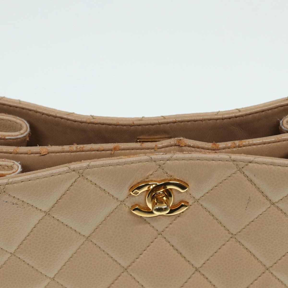 CHANEL Shoulder Bag Calf Skin Beige Gold CC Auth bs17980