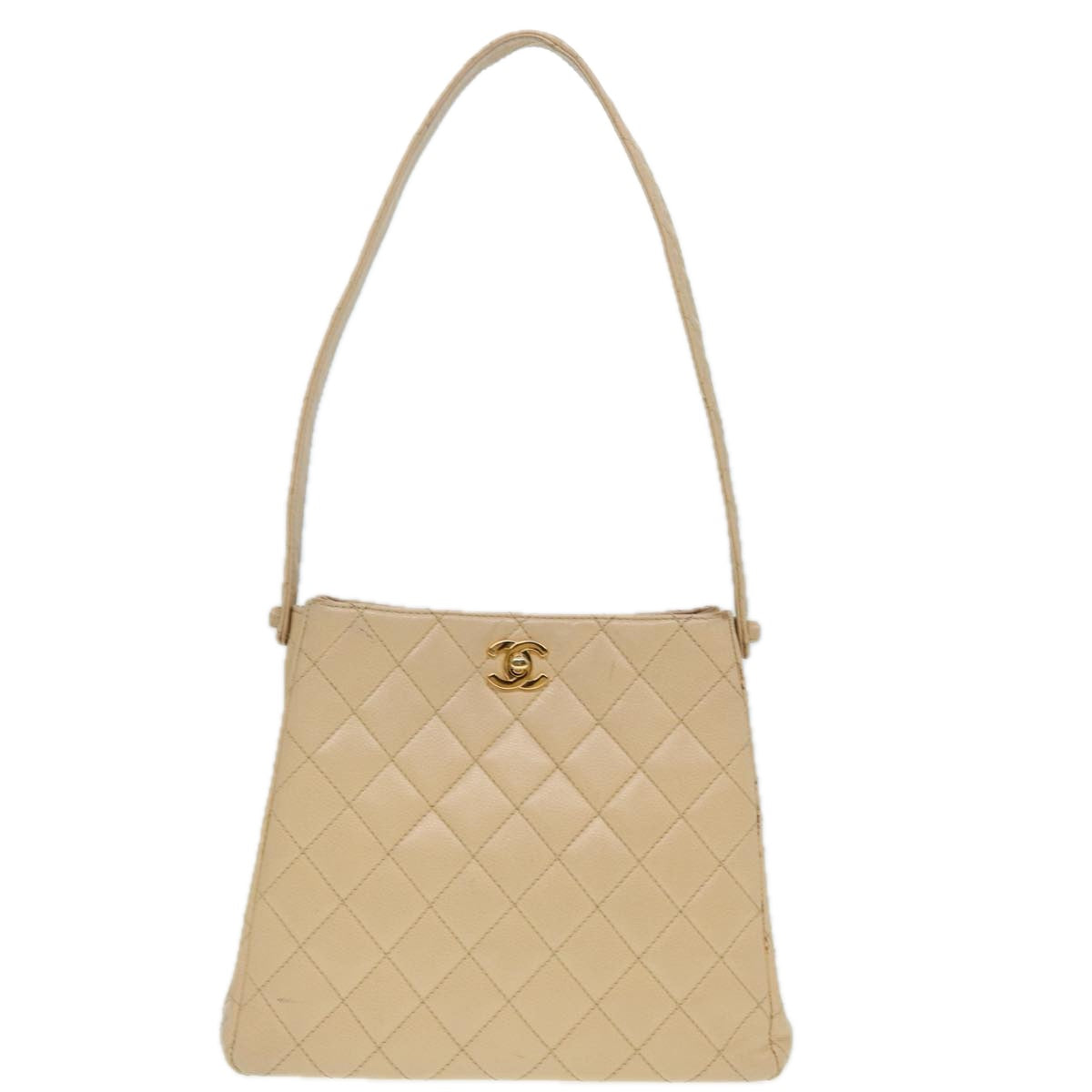 CHANEL Shoulder Bag Calf Skin Beige Gold CC Auth bs17980
