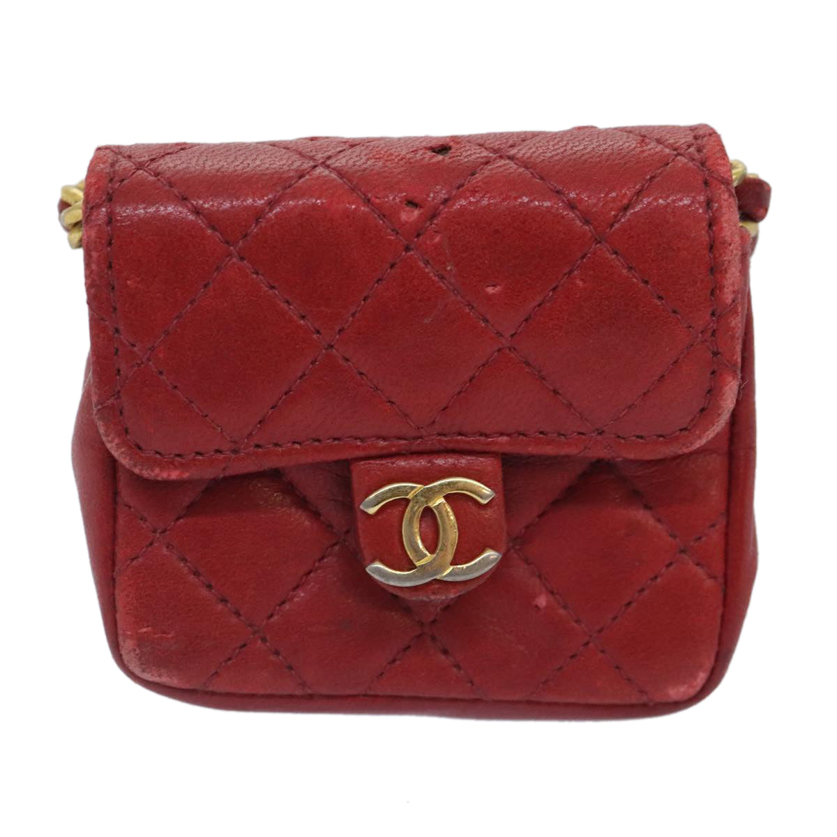 CHANEL Mini Matelasse Chain Pouch Lamb Skin Red Gold CC Auth bs18102