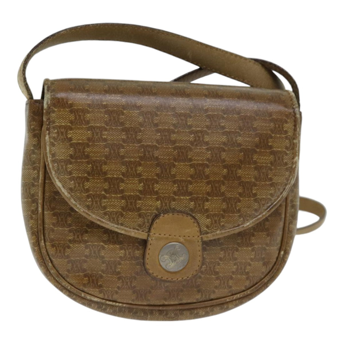 CELINE Macadam Canvas Shoulder Bag PVC Beige Auth bs18108