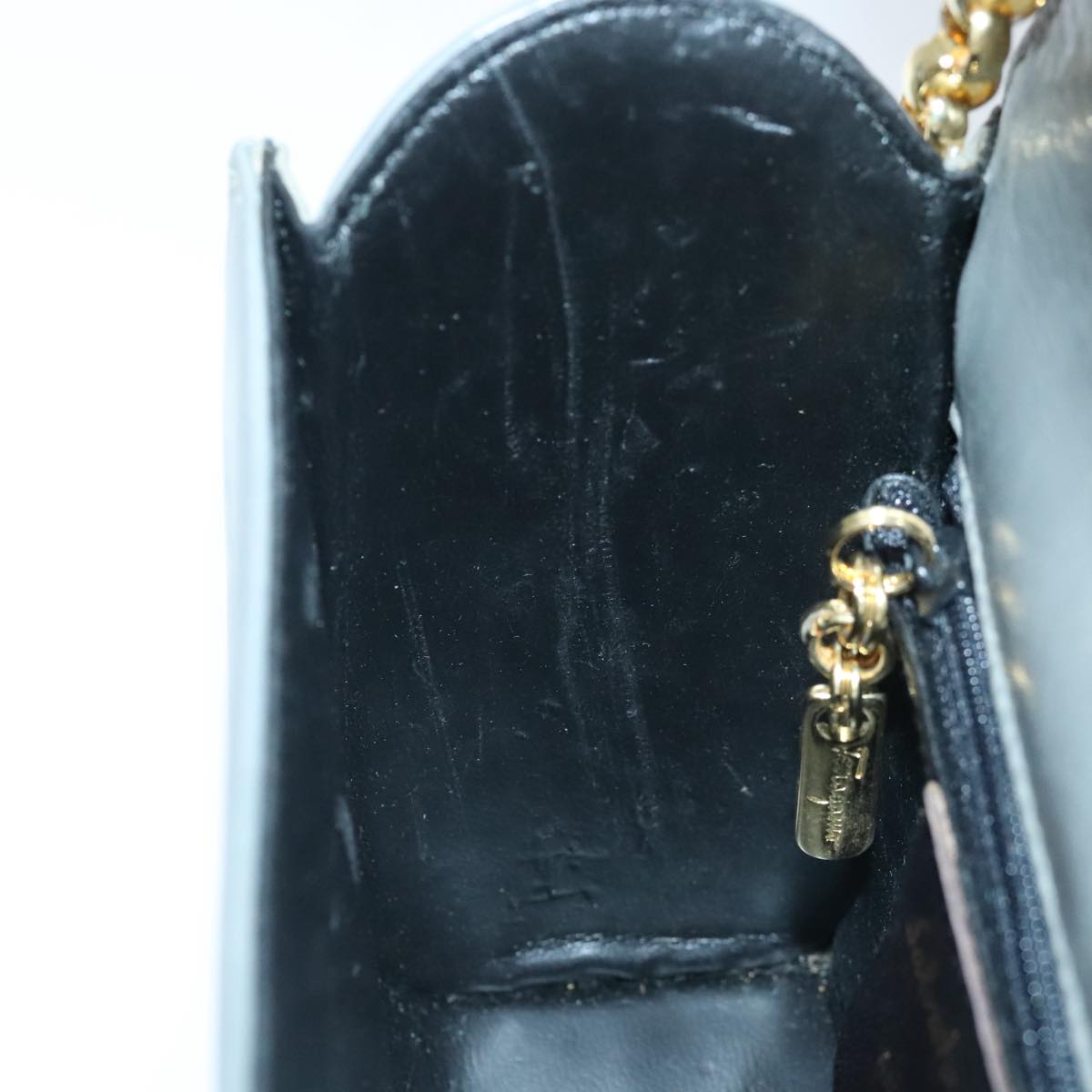 Salvatore Ferragamo Chain Shoulder Bag Leather Gray Gold Auth bs18233