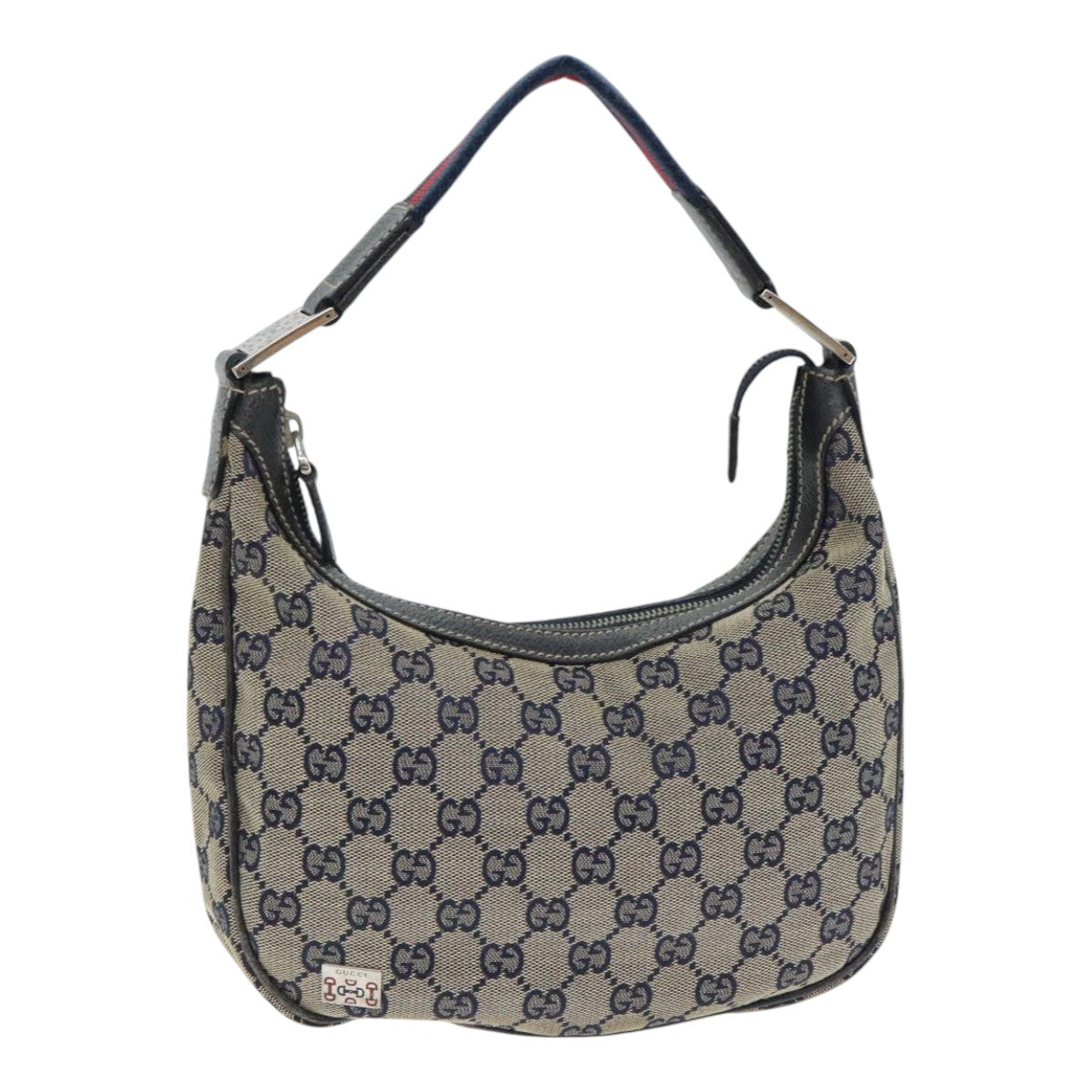 GUCCI GG Canvas Sherry Line Hand Bag Navy Silver Red 145811 Auth bs18558