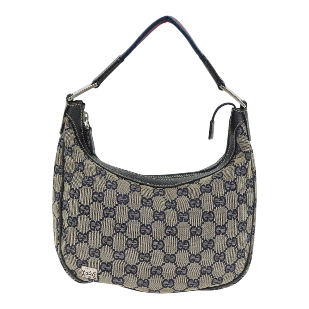GUCCI GG Canvas Sherry Line Hand Bag Navy Silver Red 145811 Auth bs18558