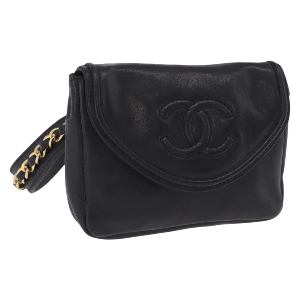 CHANEL COCO Mark Chain Waist bag Lamb Skin Black Gold CC Auth bs18653