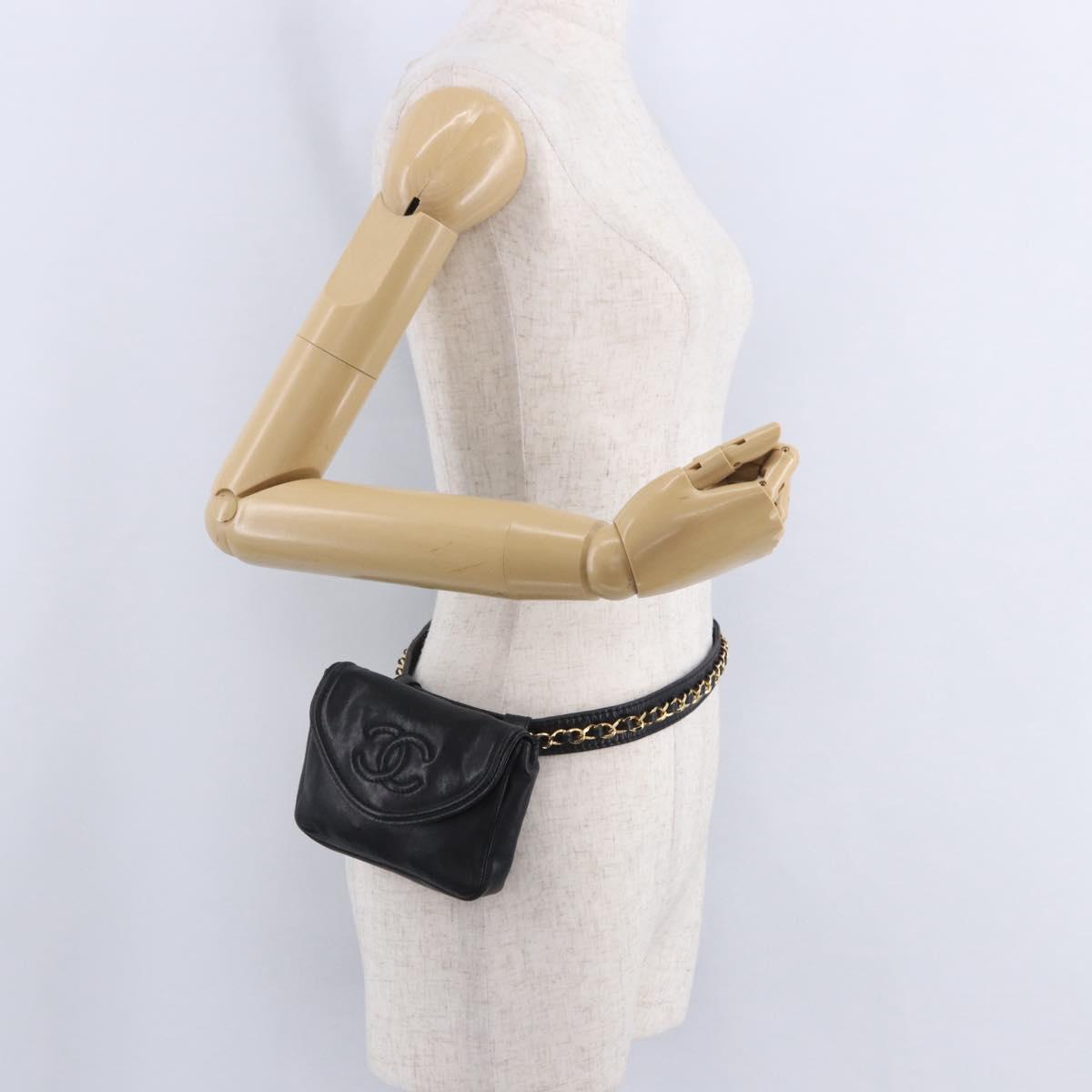 CHANEL COCO Mark Chain Waist bag Lamb Skin Black Gold CC Auth bs18653