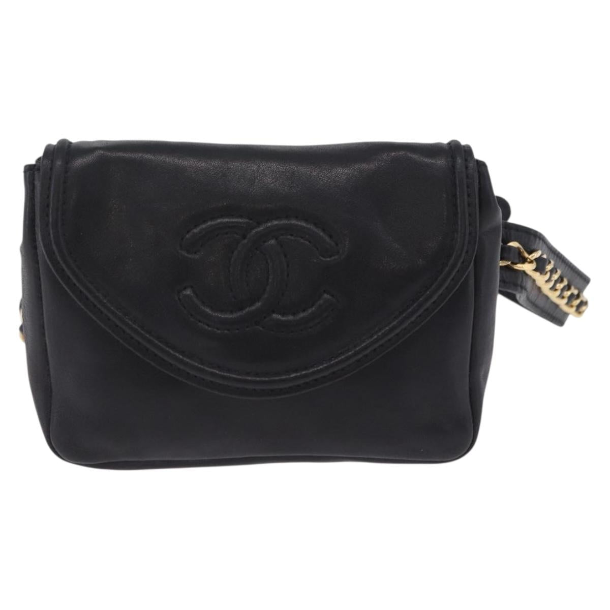 CHANEL COCO Mark Chain Waist bag Lamb Skin Black Gold CC Auth bs18653