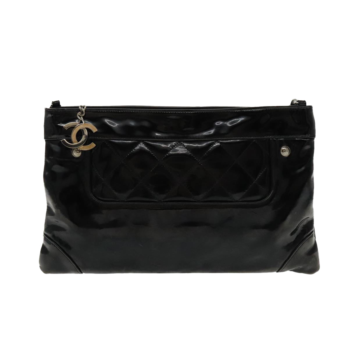 CHANEL Matelasse Chain Shoulder Bag Patent leather Black Silver CC Auth bs18654