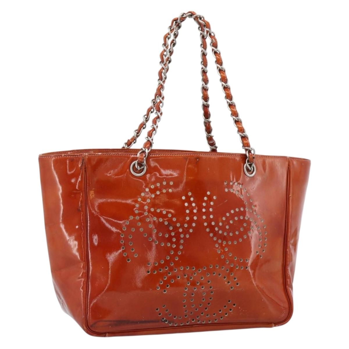 CHANEL Triple Coco Chain Tote Bag Patent leather Orange Silver CC Auth bs18659