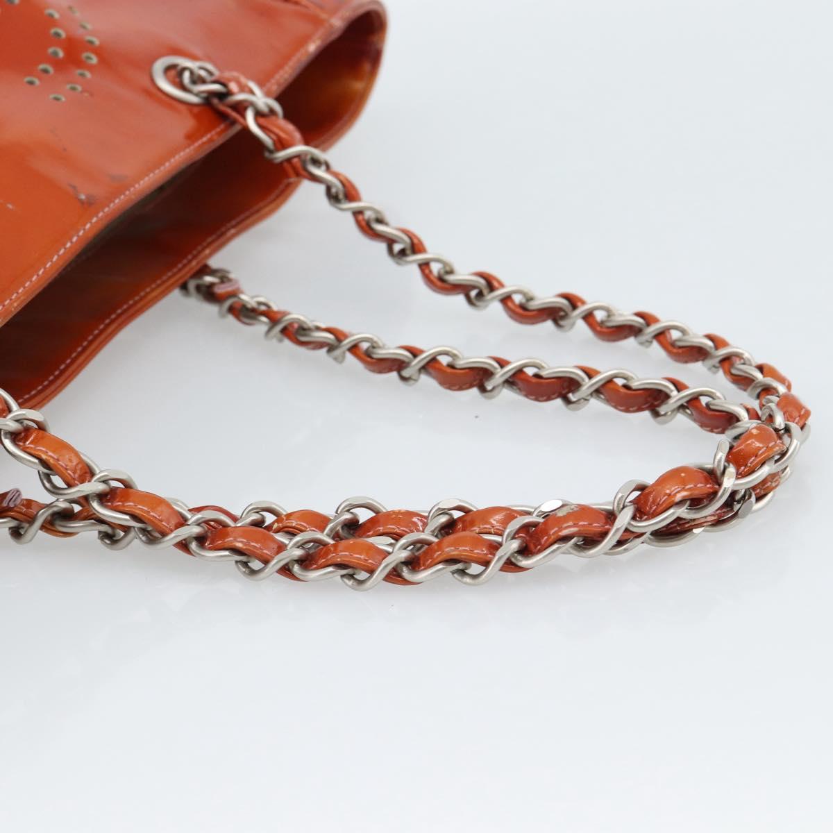 CHANEL Triple Coco Chain Tote Bag Patent leather Orange Silver CC Auth bs18659