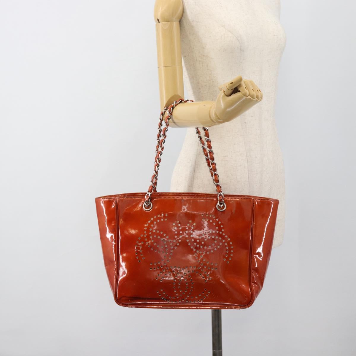 CHANEL Triple Coco Chain Tote Bag Patent leather Orange Silver CC Auth bs18659