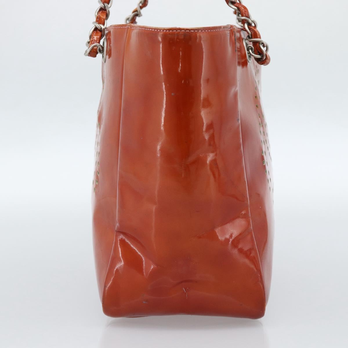 CHANEL Triple Coco Chain Tote Bag Patent leather Orange Silver CC Auth bs18659