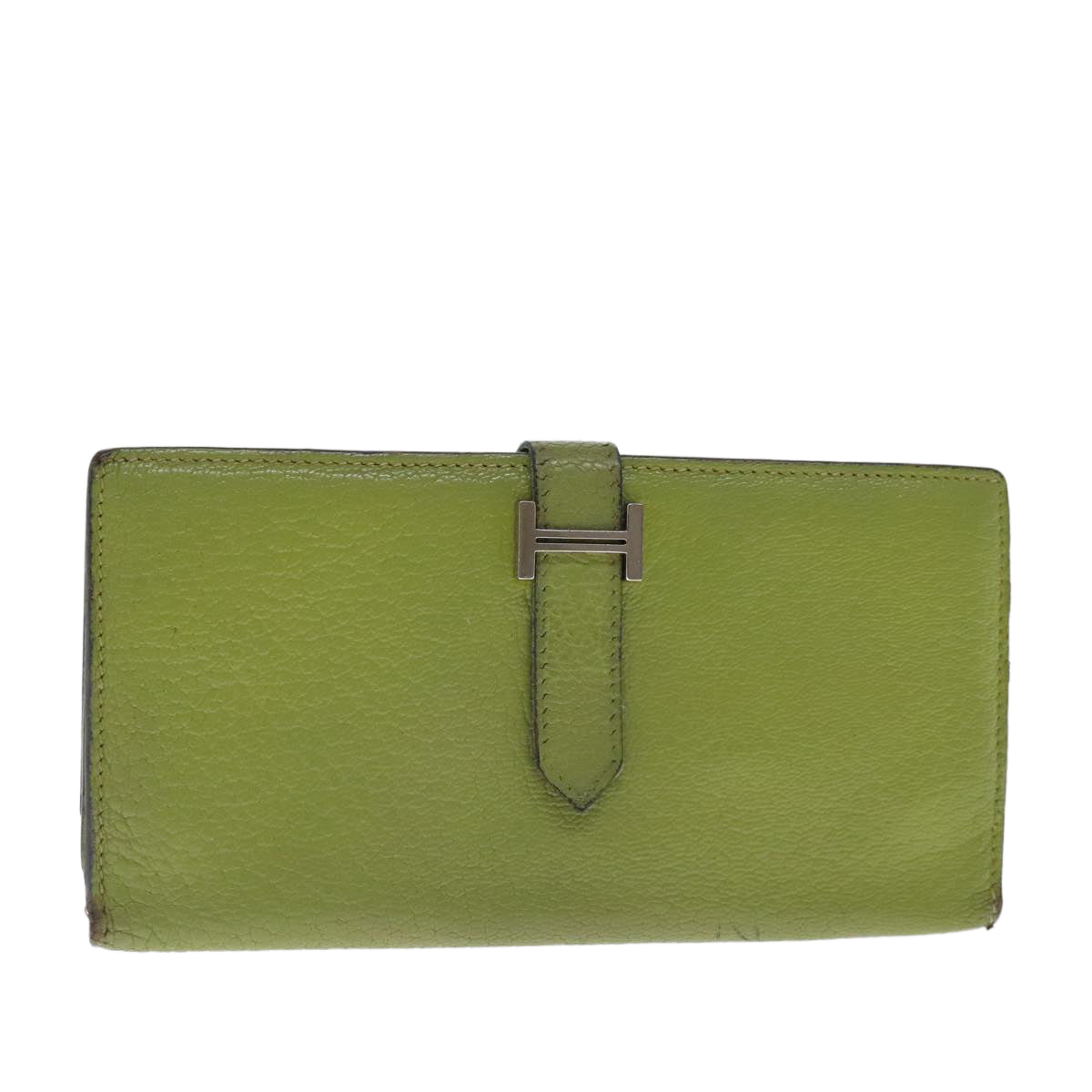 HERMES bean Souffl Wallet Leather Green Silver Auth bs18706