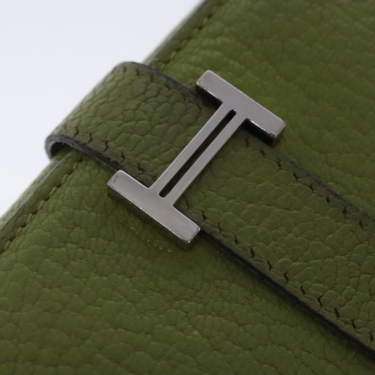 HERMES bean Souffl Wallet Leather Green Silver Auth bs18706