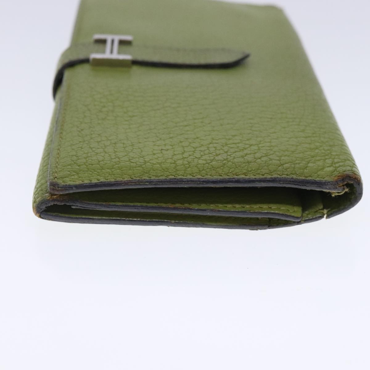 HERMES bean Souffl Wallet Leather Green Silver Auth bs18706