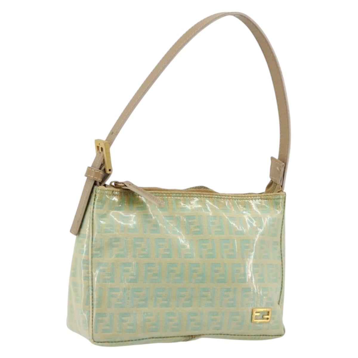 FENDI Zucchino Canvas Hand Bag Blue Beige gold Auth bs18730