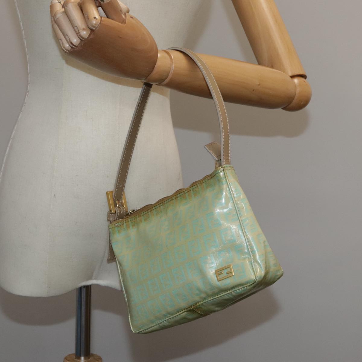 FENDI Zucchino Canvas Hand Bag Blue Beige gold Auth bs18730
