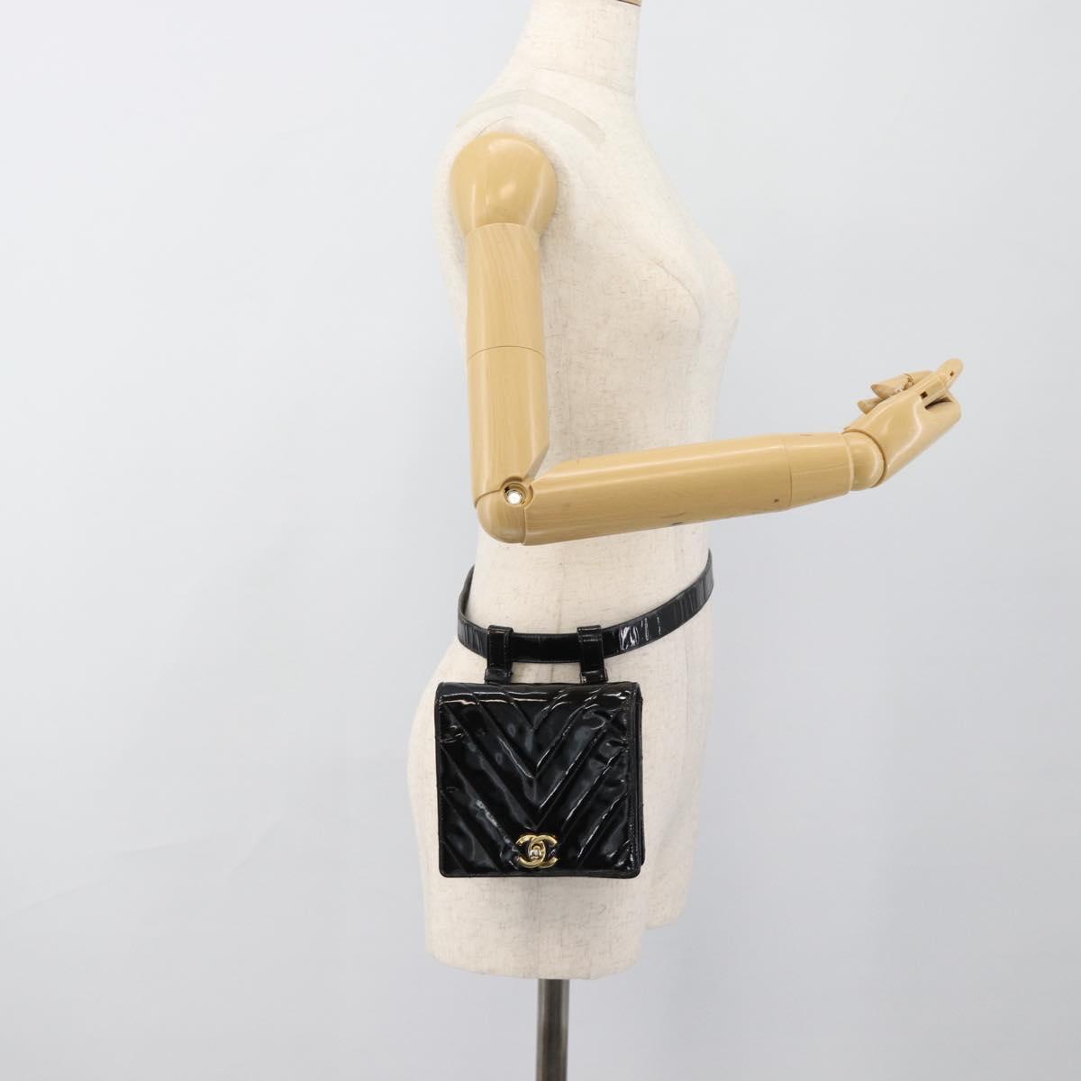 CHANEL V Stitch Waist bag Patent leather Black Gold CC Auth bs18829