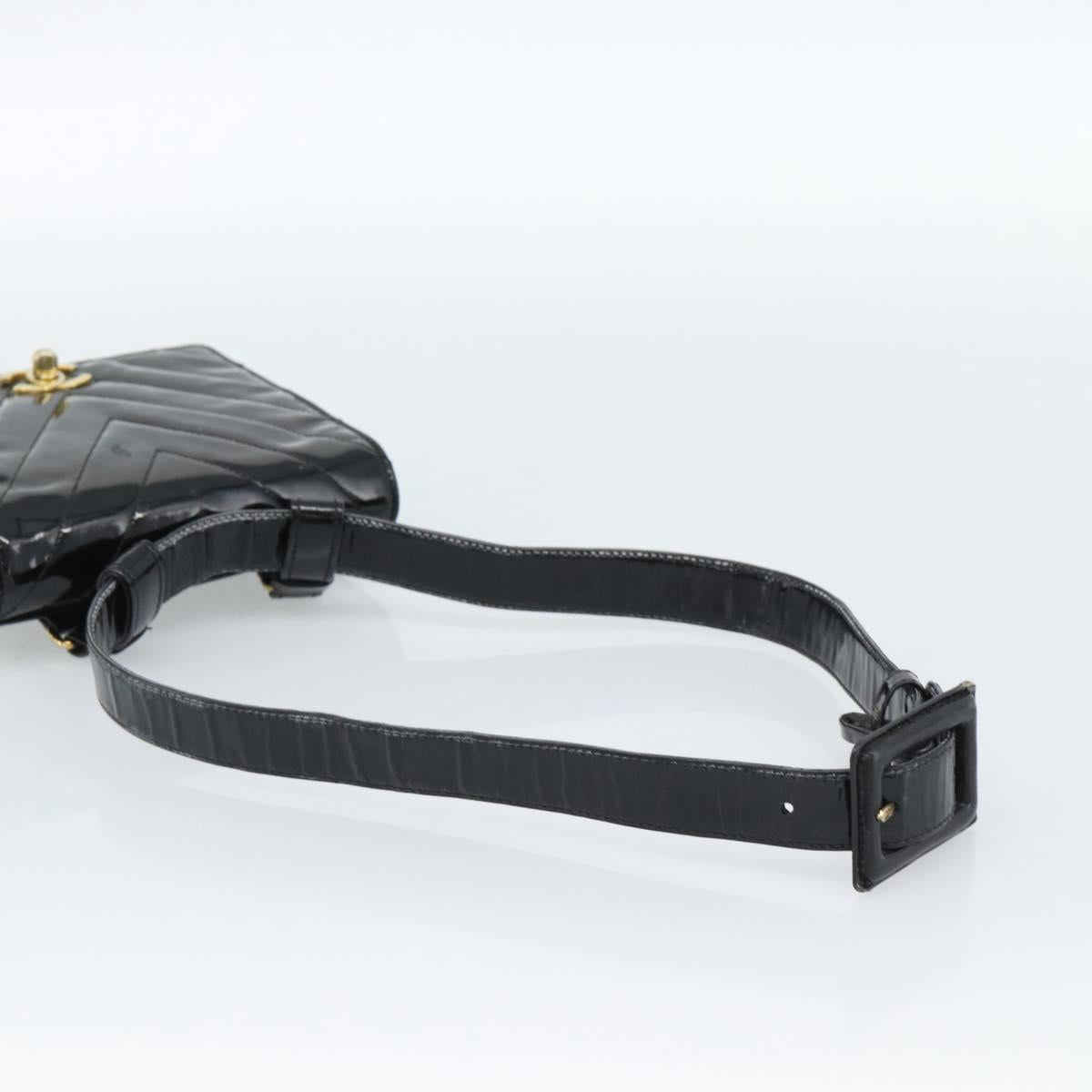 CHANEL V Stitch Waist bag Patent leather Black Gold CC Auth bs18829
