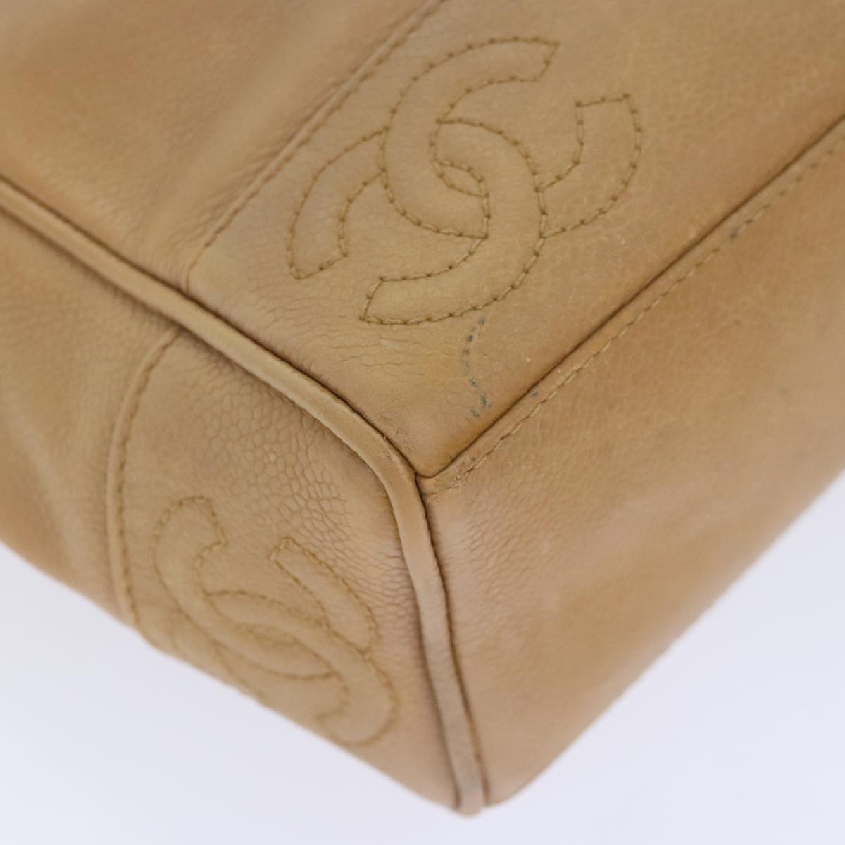 CHANEL Chain Shoulder Bag Calf Skin Beige Gold CC Auth bs18835