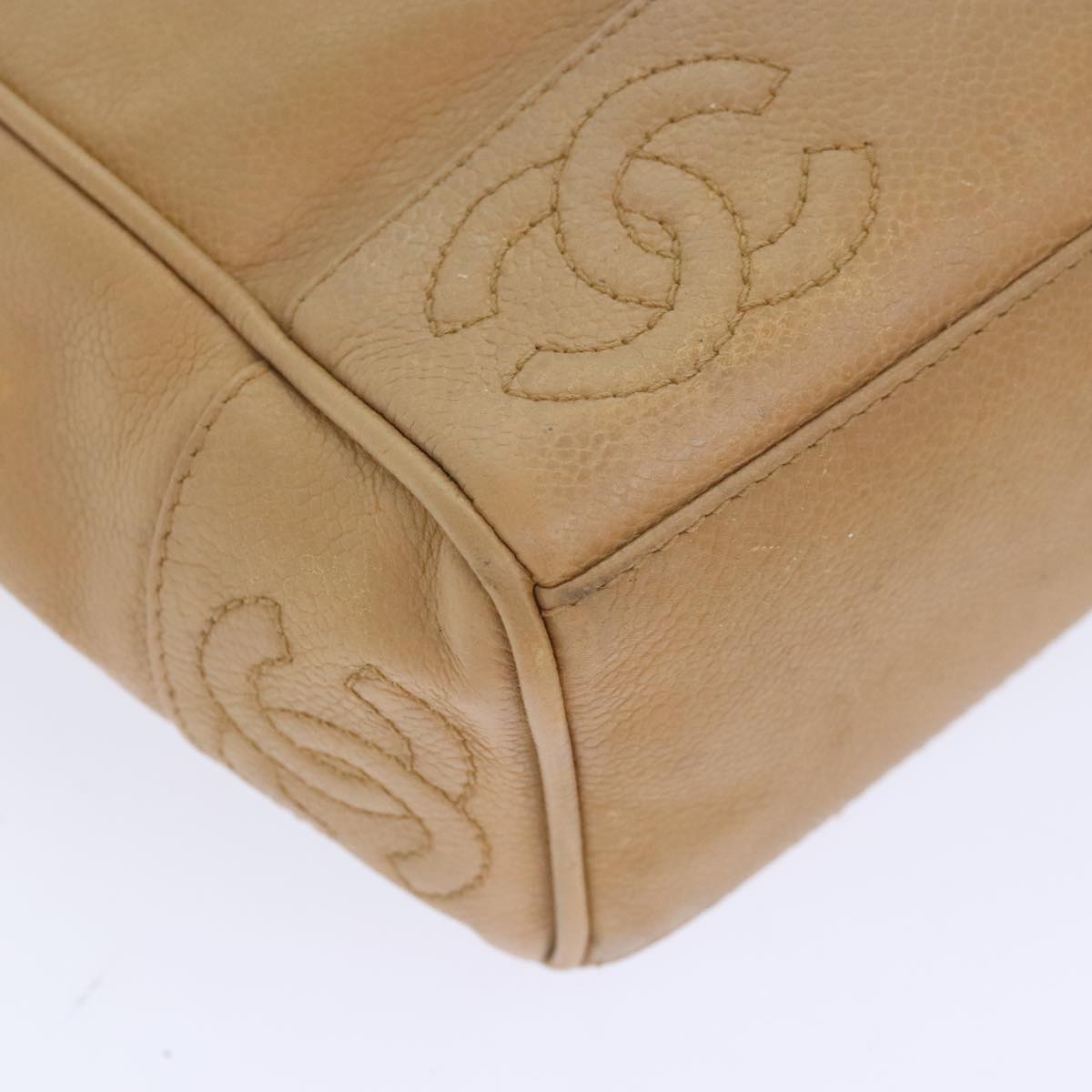 CHANEL Chain Shoulder Bag Calf Skin Beige Gold CC Auth bs18835