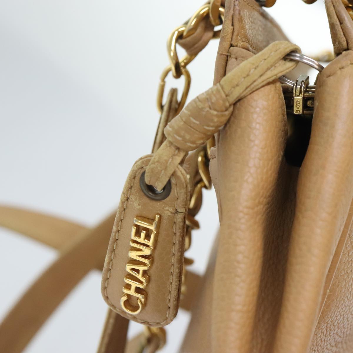 CHANEL Chain Shoulder Bag Calf Skin Beige Gold CC Auth bs18835