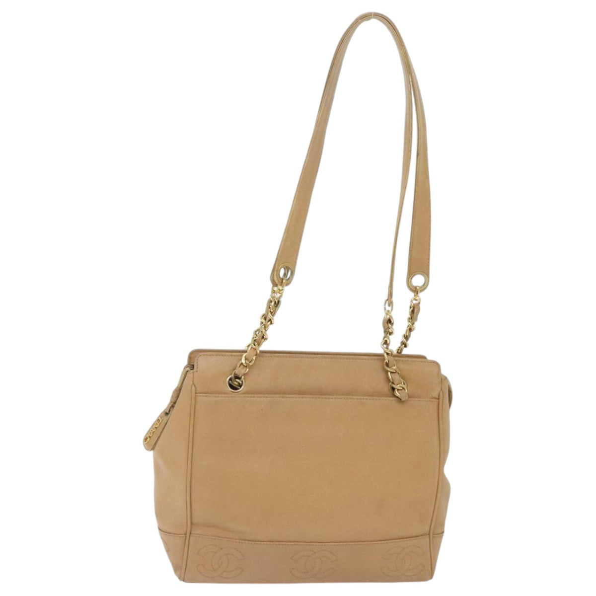 CHANEL Chain Shoulder Bag Calf Skin Beige Gold CC Auth bs18835