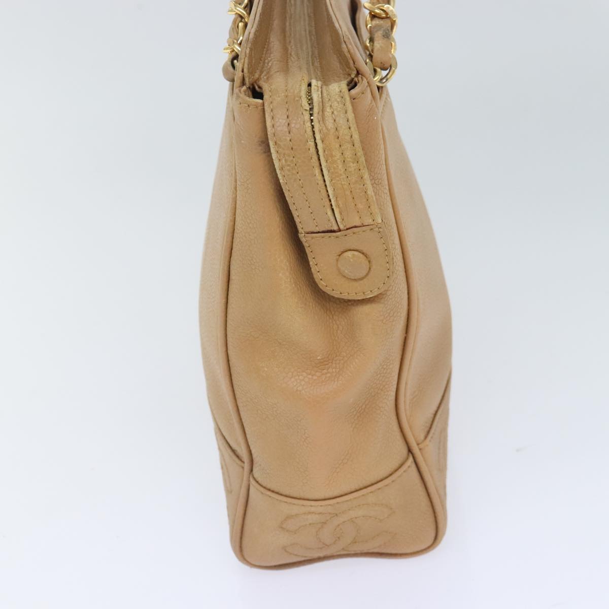 CHANEL Chain Shoulder Bag Calf Skin Beige Gold CC Auth bs18835