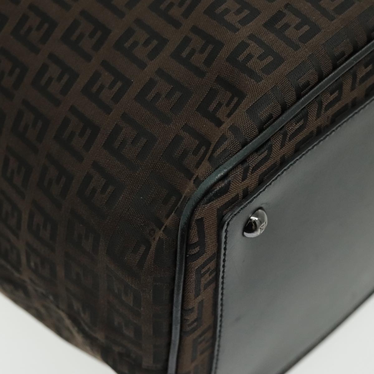 FENDI Zucchino Canvas Boston Bag Dark Brown Black Silver Auth bs19297