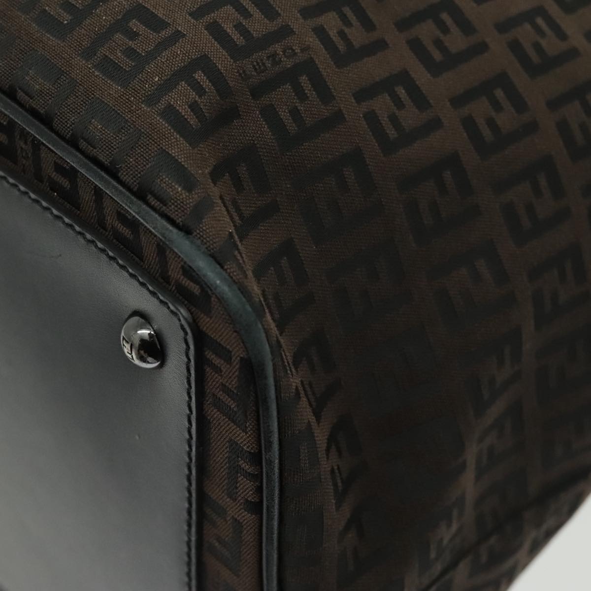 FENDI Zucchino Canvas Boston Bag Dark Brown Black Silver Auth bs19297