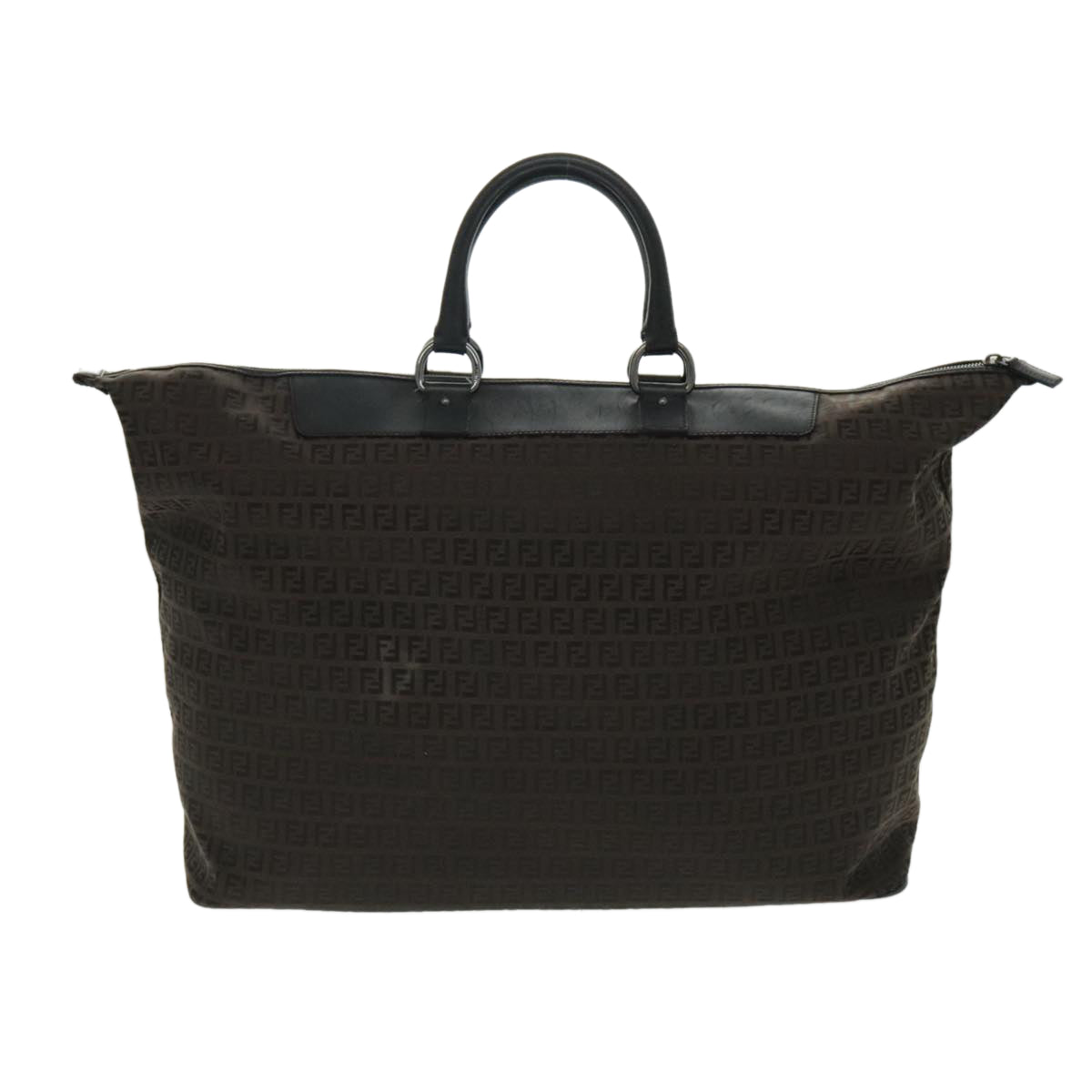 FENDI Zucchino Canvas Boston Bag Dark Brown Black Silver Auth bs19297