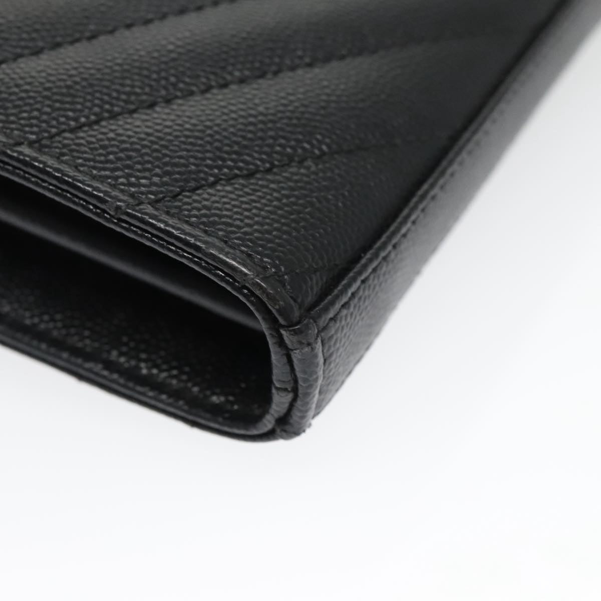 SAINT LAURENT V Stitch Chain Long Wallet Leather Black Gold Auth bs19416A