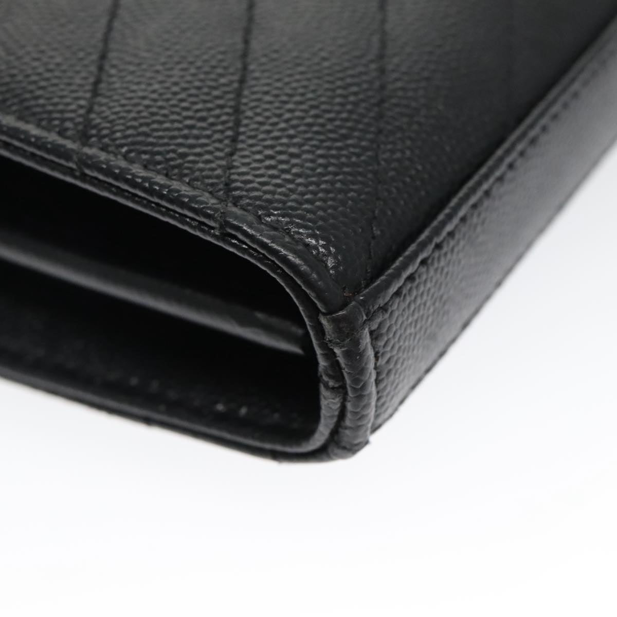 SAINT LAURENT V Stitch Chain Long Wallet Leather Black Gold Auth bs19416A