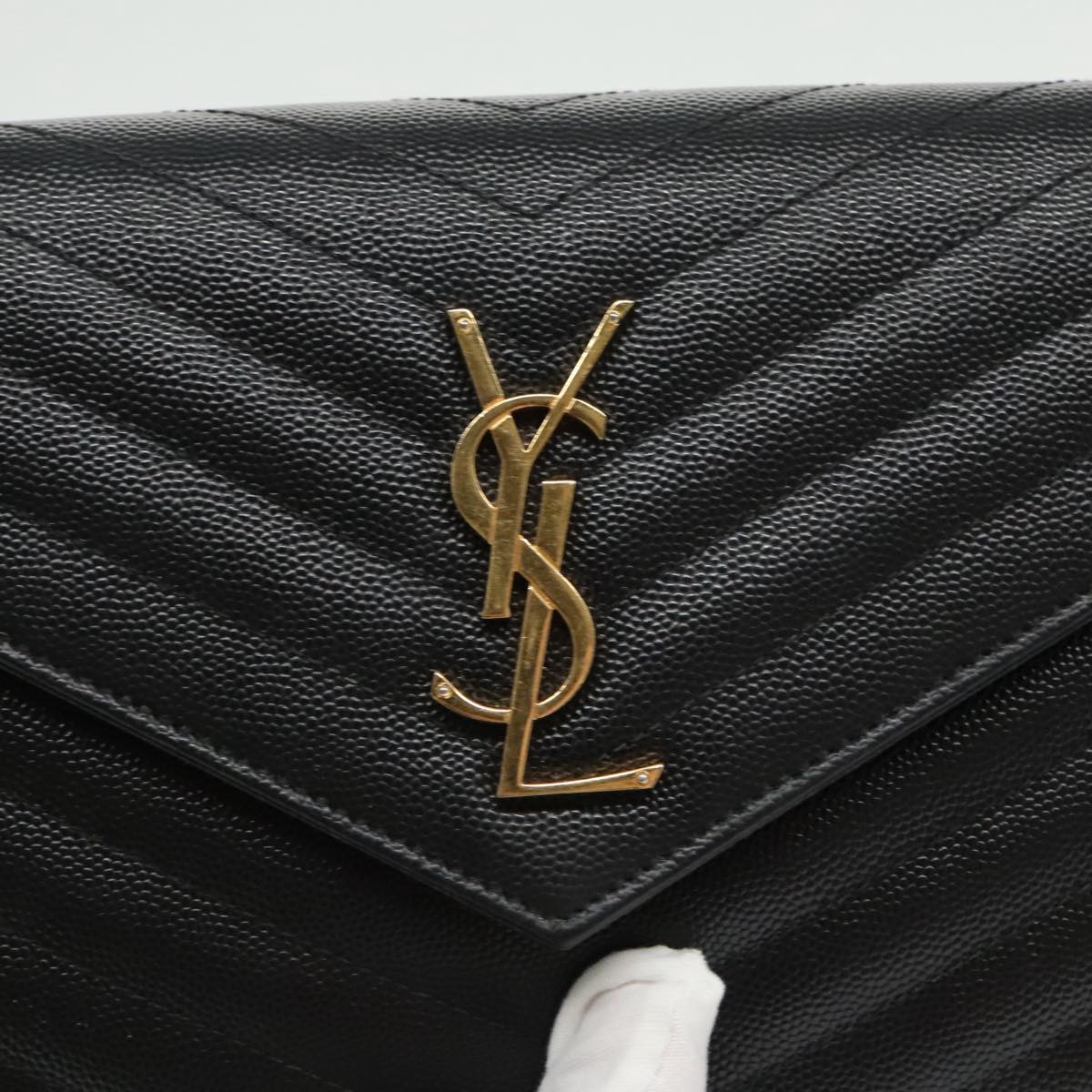 SAINT LAURENT V Stitch Chain Long Wallet Leather Black Gold Auth bs19416A