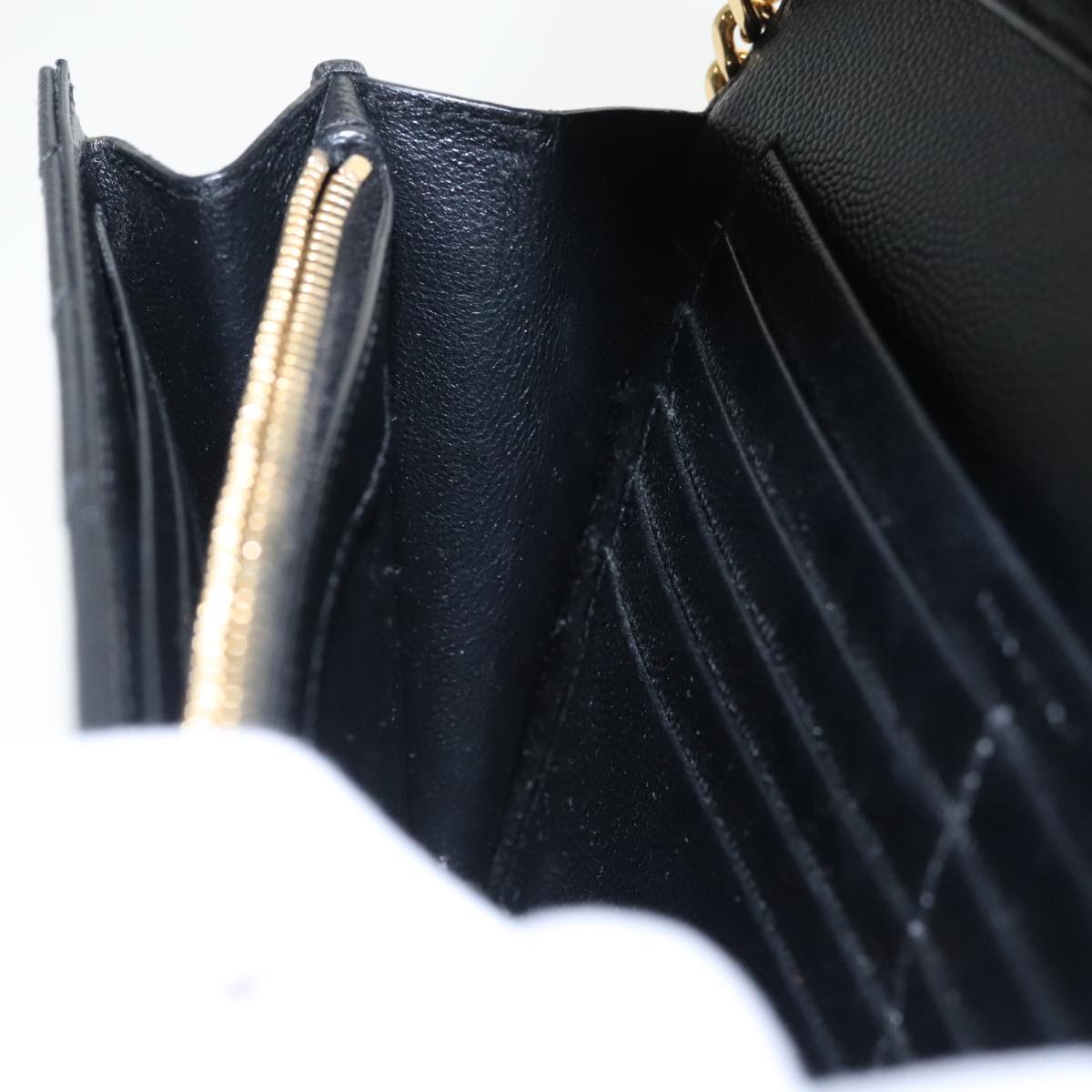 SAINT LAURENT V Stitch Chain Long Wallet Leather Black Gold Auth bs19416A