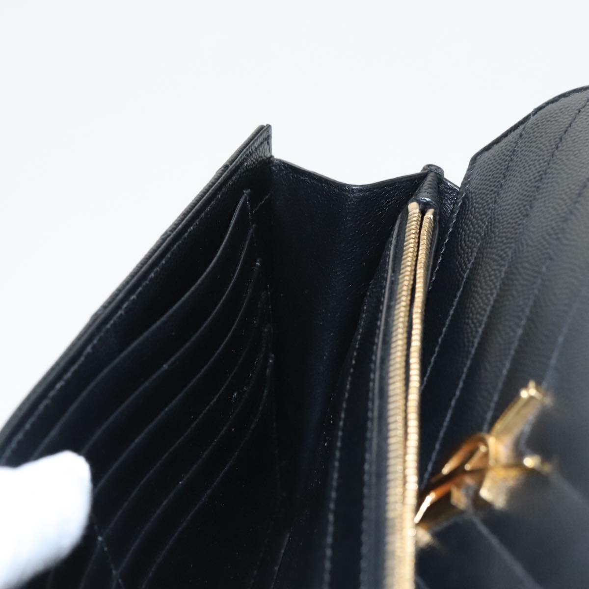 SAINT LAURENT V Stitch Chain Long Wallet Leather Black Gold Auth bs19416A