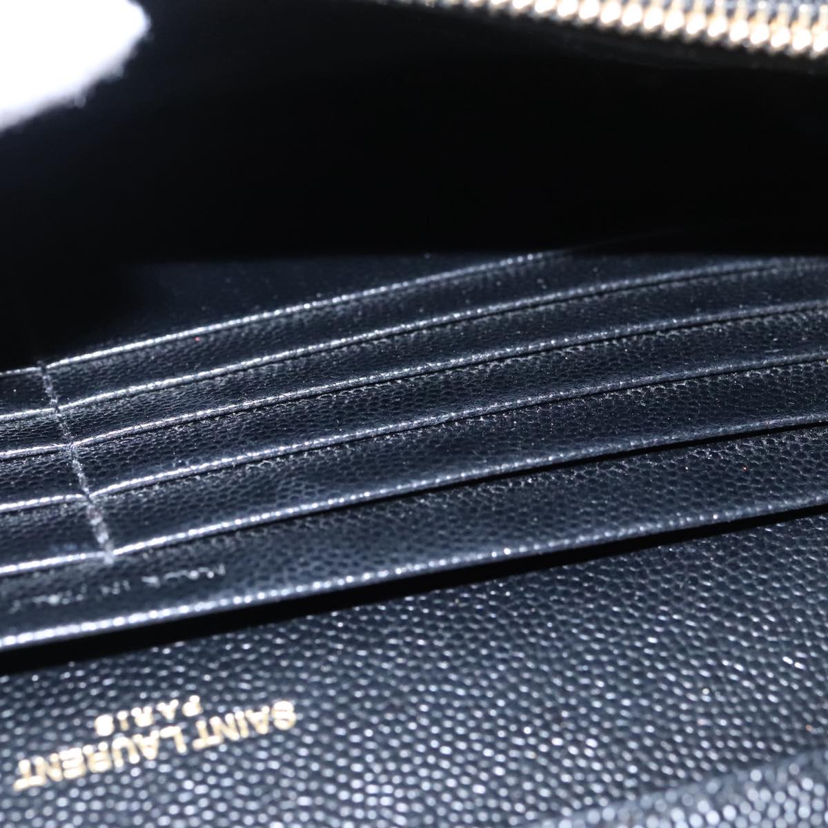 SAINT LAURENT V Stitch Chain Long Wallet Leather Black Gold Auth bs19416A