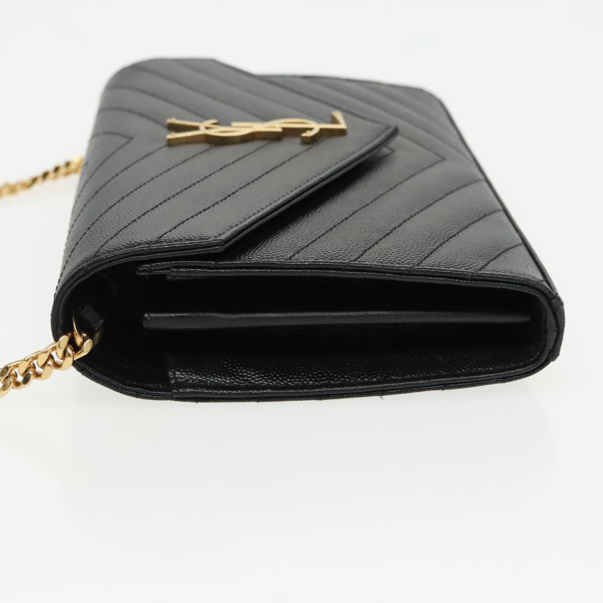 SAINT LAURENT V Stitch Chain Long Wallet Leather Black Gold Auth bs19416A