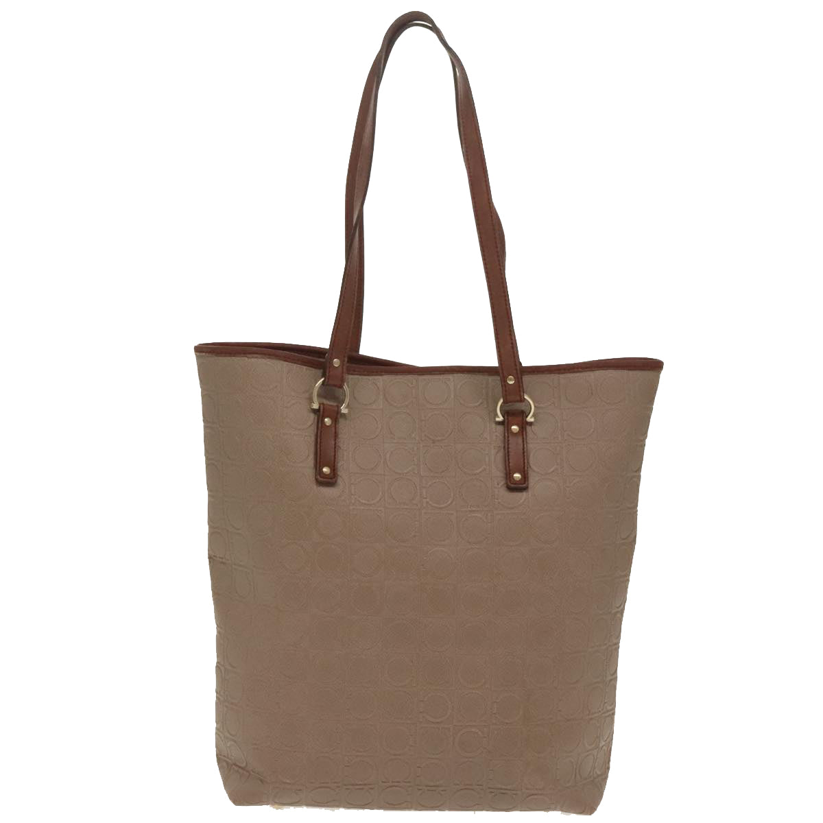 Salvatore Ferragamo Gancini Tote Bag PVCCanvas Brown Gold Auth bs19508