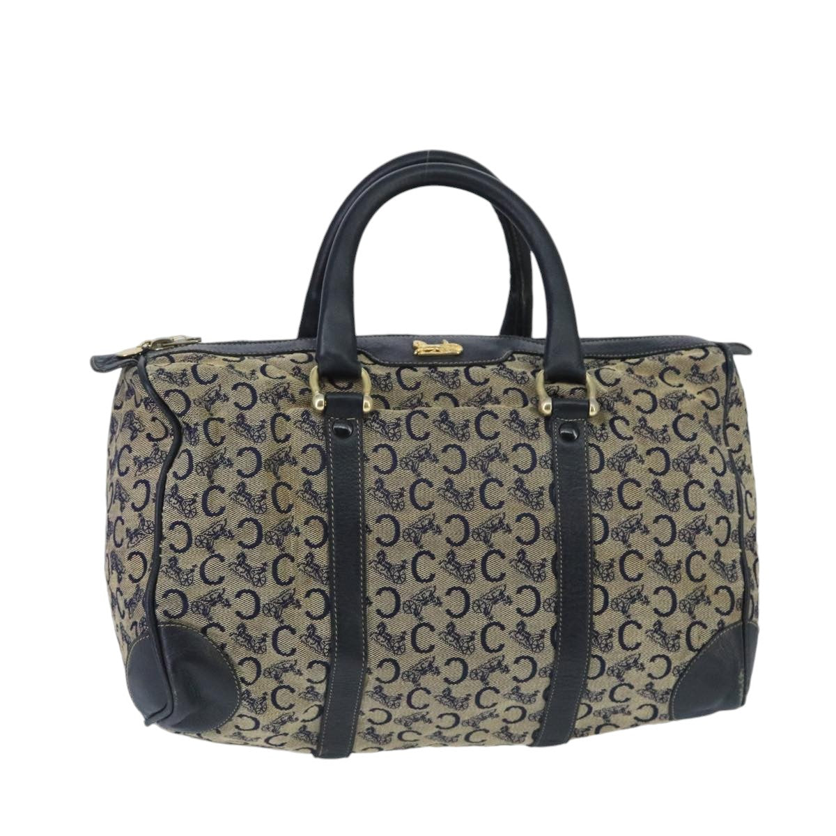 CELINE C Sulky Boston Bag Canvas Leather Navy Gold Auth bs19729