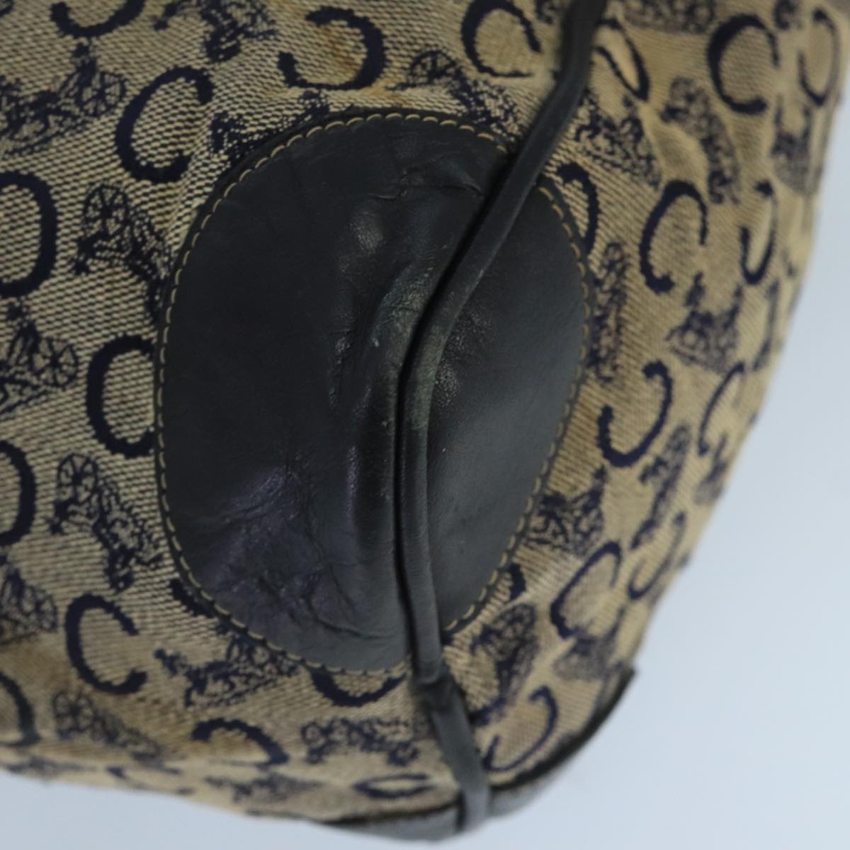 CELINE C Sulky Boston Bag Canvas Leather Navy Gold Auth bs19729