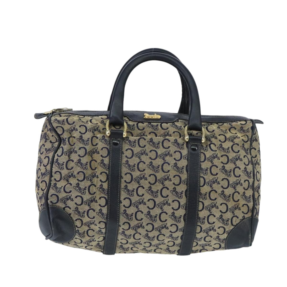 CELINE C Sulky Boston Bag Canvas Leather Navy Gold Auth bs19729