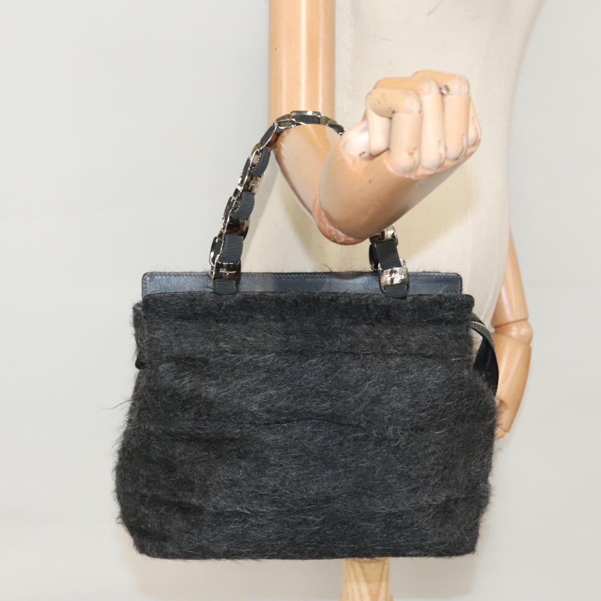 Salvatore Ferragamo Hand Bag Wool Gray Silver Auth bs19764