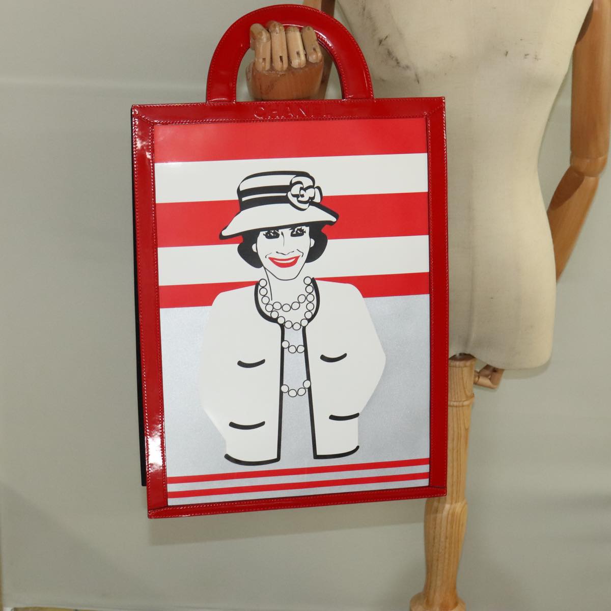 CHANEL Mademoiselle Choco Bar line Tote Bag Leather Red CC Auth bs19852V