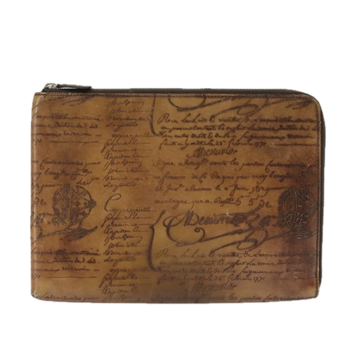 Berluti Calligraphy Clutch Bag Leather Brown Auth bs19901