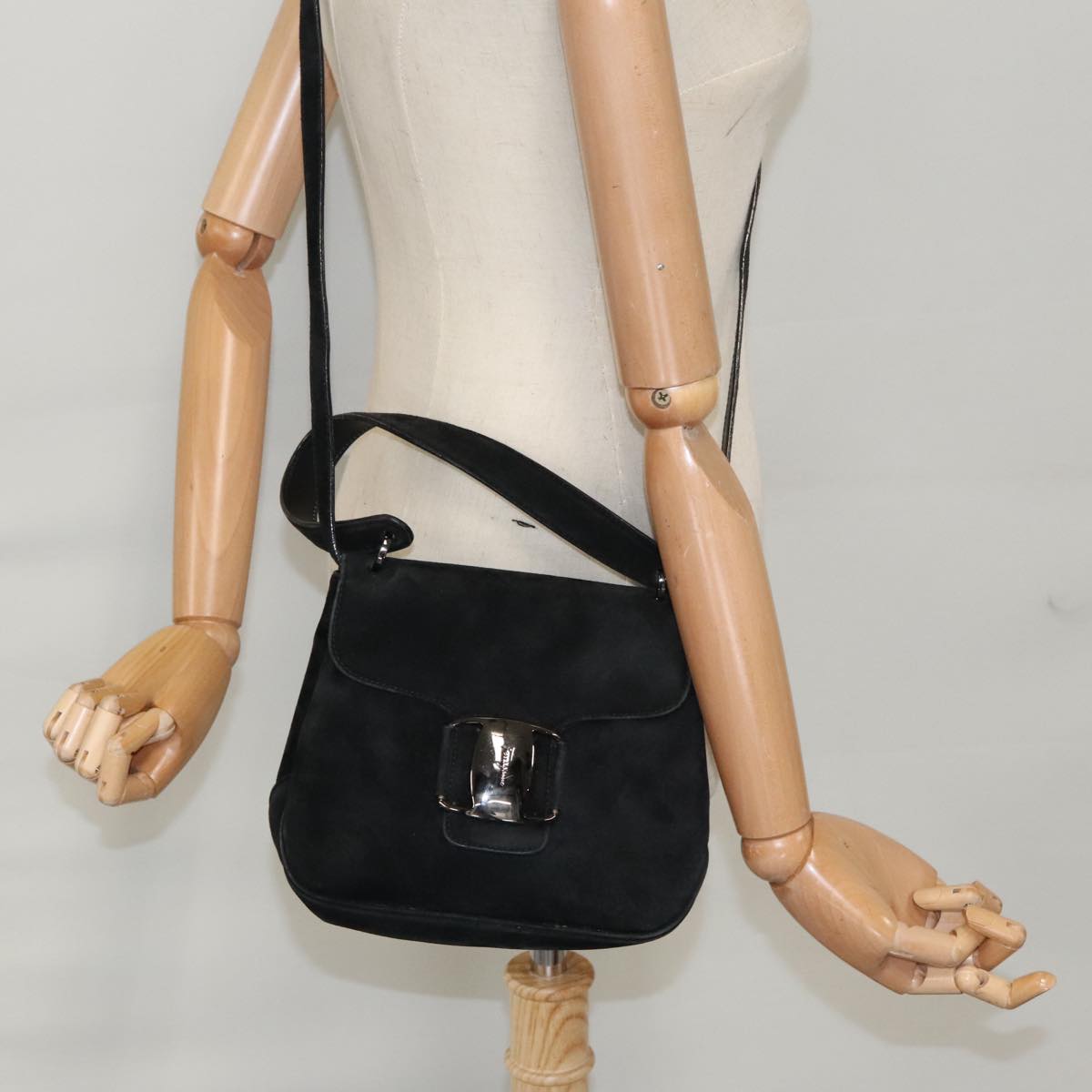 Salvatore Ferragamo Hand Bag Suede 2way Black Silver Auth bs20078