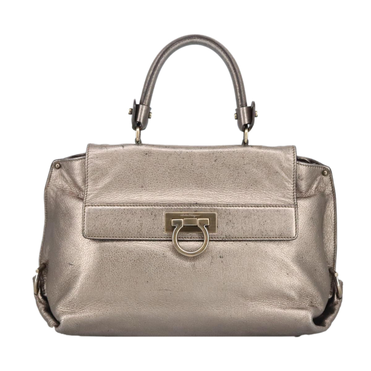 Salvatore Ferragamo Gancini Hand Bag Leather 2way Silver Auth bs20081