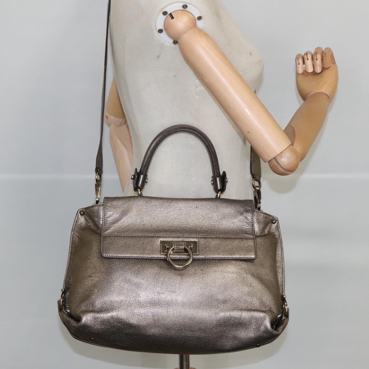 Salvatore Ferragamo Gancini Hand Bag Leather 2way Silver Auth bs20081